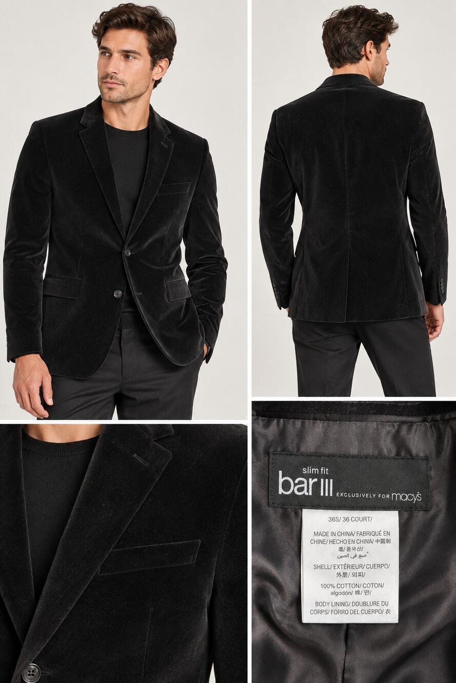 Bar III Men’s 36S Black Cotton Velvet Slim Fit Blazer Sport Coat Macy’s
